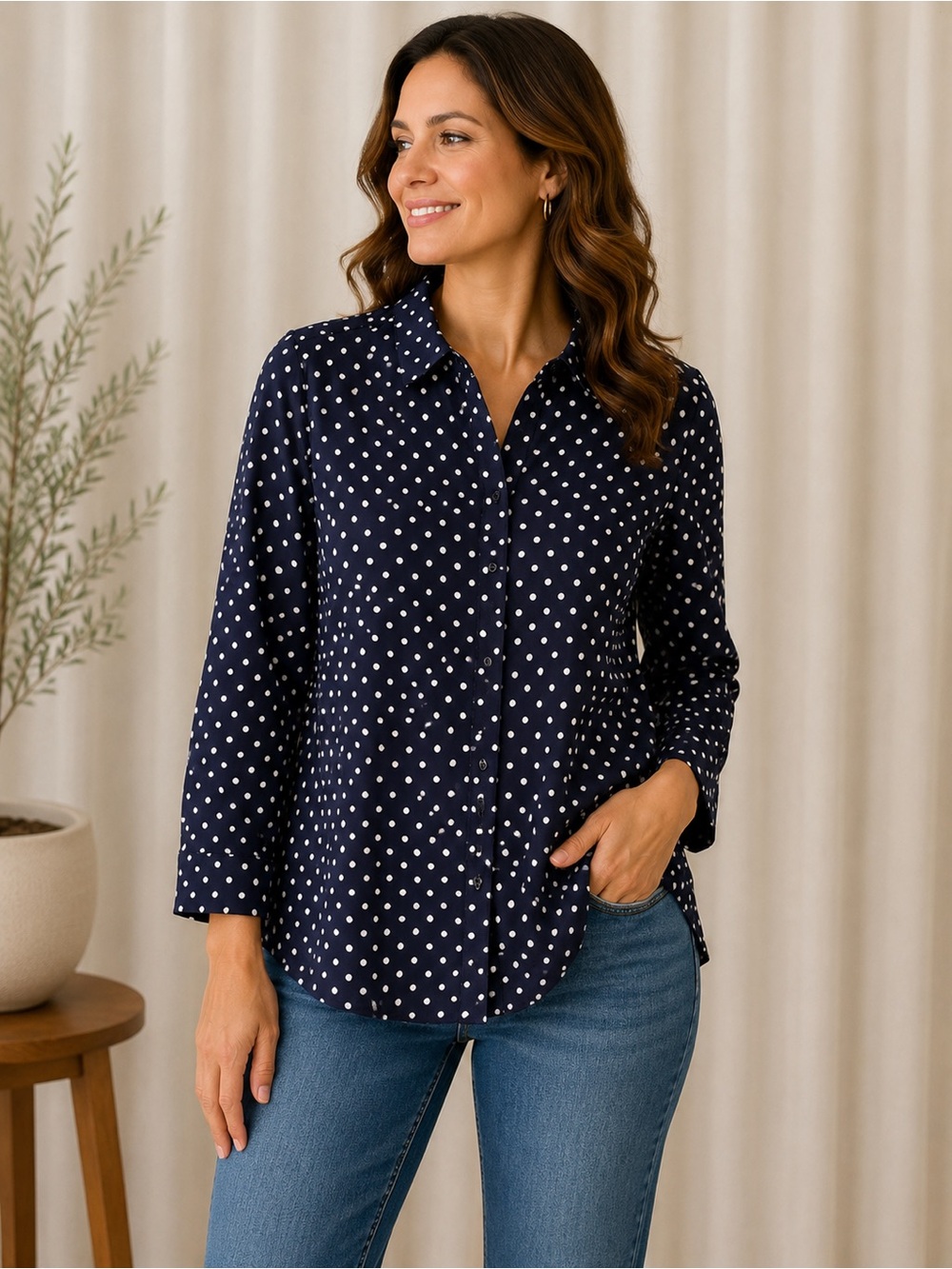 J.Jill Wearever Collection Navy White Polka Dot Button Front Blouse XS